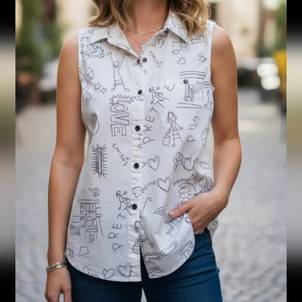 Chico's Sleeveless Button Down Graffiti Print Shirt